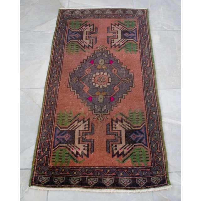 Distressed Low Pile Turkish Yastik Petite Rug Hand Knotted Faded Mat - 21'' X 42'' For Sale - Image 12 of 13