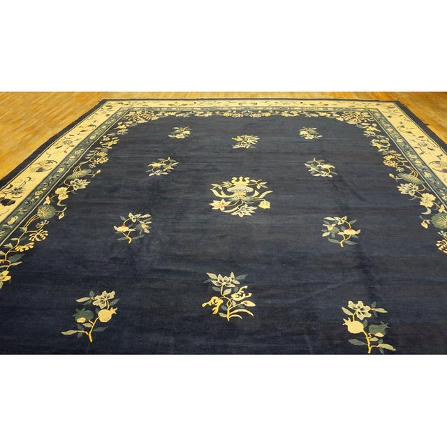 Textile 1920s Navy Blue Floral Deco Antique Chinese Peking Knotted Rug 11'9'' X 14'3'' For Sale - Image 7 of 12
