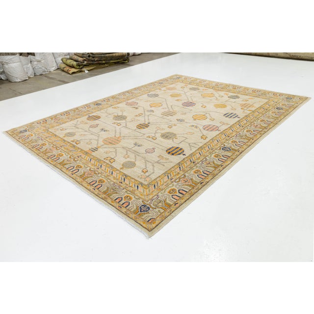 Textile Modern Khotan Style Hand-Knotted Cream Wool Rug Pomegranate Tree of Life Design For Sale - Image 7 of 11
