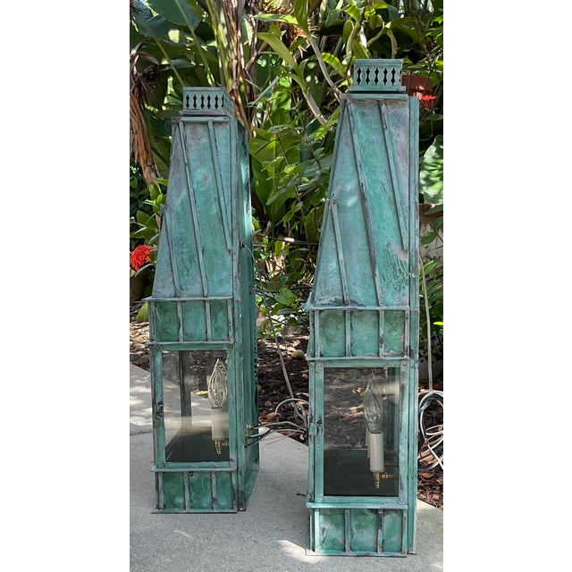 Pair of Monumental Art Deco Style Verdigris Copper & Brass Wall Lanterns For Sale - Image 4 of 16