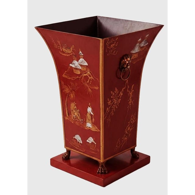 Chinoiserie Large 22" Vintage Red Tole Chinoiserie Umbrella Stand or Floor Planter For Sale - Image 3 of 5