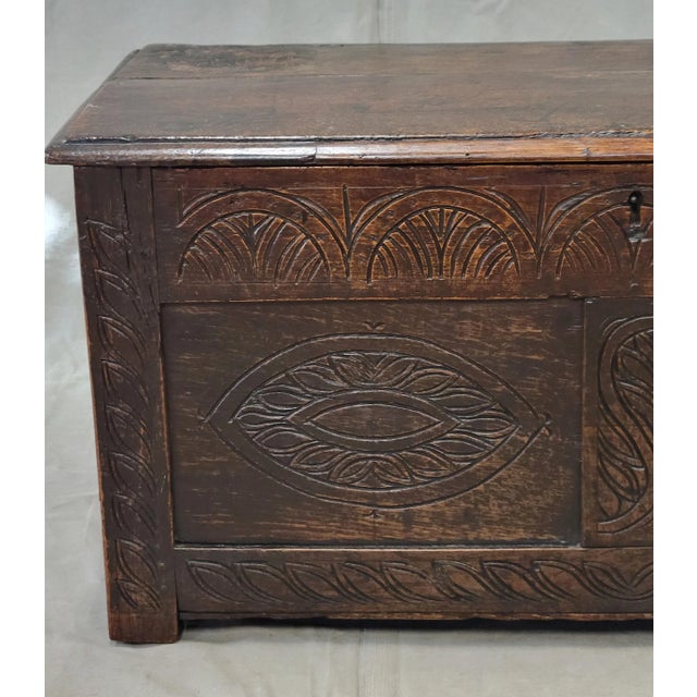 Wood Antique 1800s English Carved Oak Coffer Storage Trunk Box For Sale - Image 7 of 12