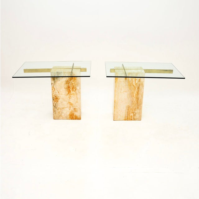 Mid-Century Modern Vintage Italian Travertine and Brass Side Tables attributed to Artedi, 1970s, Set of 2 For Sale - Image 3 of 12