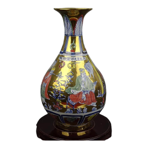 Chinese Vintage Ceramic Vase,Gold Glaze Blue and White Doucai Porcelain Yuhuchun Vase Painted Figures Pattern