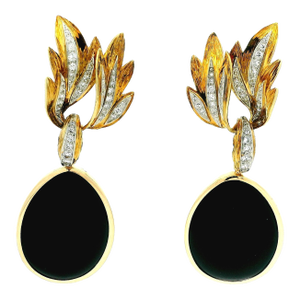 1990s Pair of Italian 18k Gold Onyx and Diamond Drop Statement Earrings