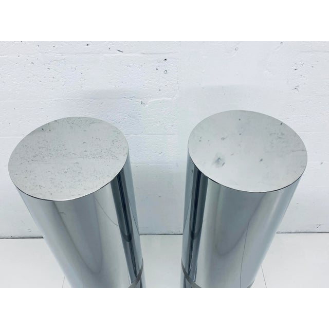 Polished Steel Tall Circular Pedestal Tables With Brushed Steel Banding - a Pair For Sale - Image 12 of 13