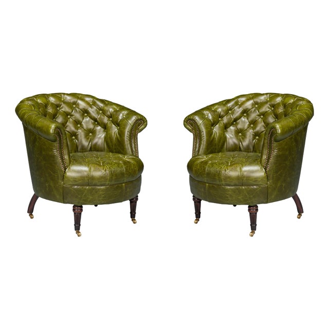 Pair of Green Leather Barrel Back Chairs For Sale