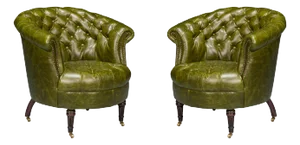 Pair of Green Leather Barrel Back Chairs