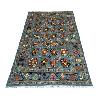 Blue Bokhara Wool Area Rug With Tribal Gul Motifs, 6'6" X 10'5" For Sale
