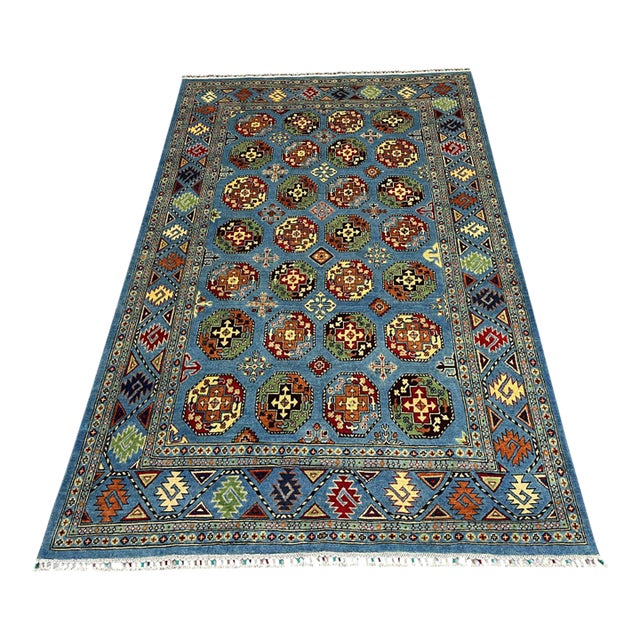 Blue Bokhara Wool Area Rug With Tribal Gul Motifs, 6'6" X 10'5" For Sale