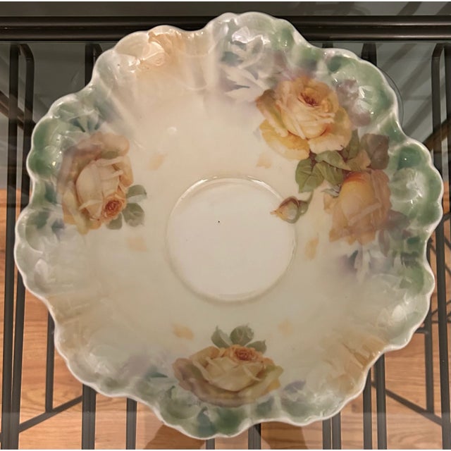 Antique Porcelain Footed Bowl - Bavarian, Hand-Painted Yellow Rose Pattern - Silesia Region Germany For Sale - Image 4 of 5