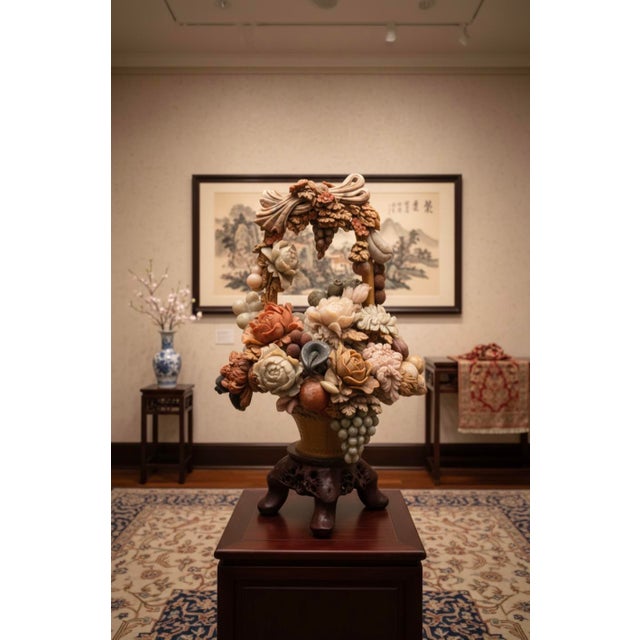 Monumental 31-Inch Chinese Hand-Carved Soapstone Basket of Abundance Sculpture For Sale - Image 13 of 13
