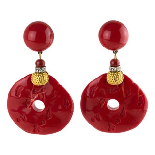 Angela Caputi Gilded and Red Cinnabar Resin Dangle Clip Earrings For Sale
