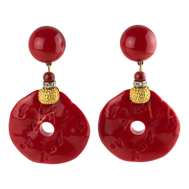 Angela Caputi Gilded and Red Cinnabar Resin Dangle Clip Earrings For Sale
