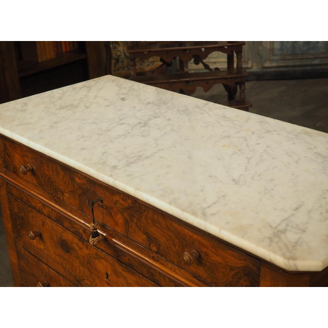 Wood Antique French Burl Walnut Louis Philippe Style Commode White Carrara Marble Top, Late 1800s For Sale - Image 7 of 18