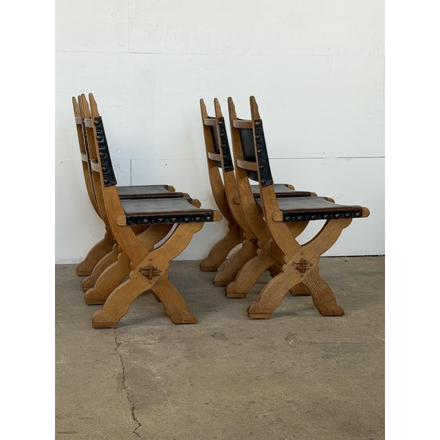 Brutalist Dutch Oak and Leather X-Frame Chairs by Bram Sprij, 1960s, Set of 6 For Sale - Image 4 of 16
