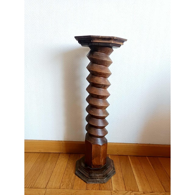 Antique carved wooden press stand. Hexagonal top suitable for a plant, lamp, or sculpture. A very charming antique piece....