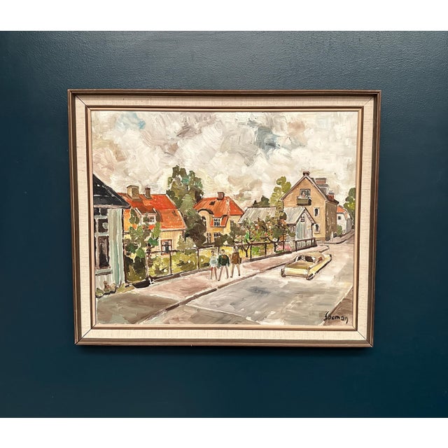 Large Original Swedish Oil on Canvas – “City Life II” by Sooman – Signed – Vintage & Framed – 65 × 53 cm (25.5" x 20.8") A...