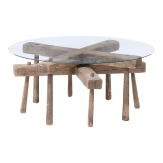 Set of Primitive Wood and Glass Tables- Nesting Tables For Sale
