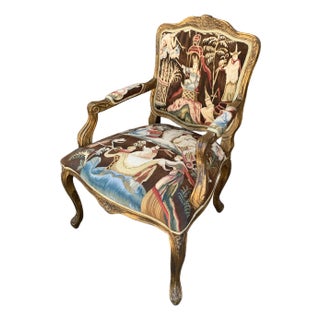 French Provincial Louis XV Giltwood Fauteuil With Chinoiserie Tapestry Upholstery For Sale