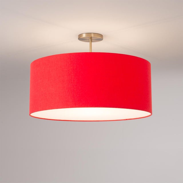 Mid-Century Modern Crimson Red Linen Drum Semi Flush Mount - Red Fabric Shade, Weathered Brass Mid Century Dining Room Ceiling Light For Sale - Image 3 of 4