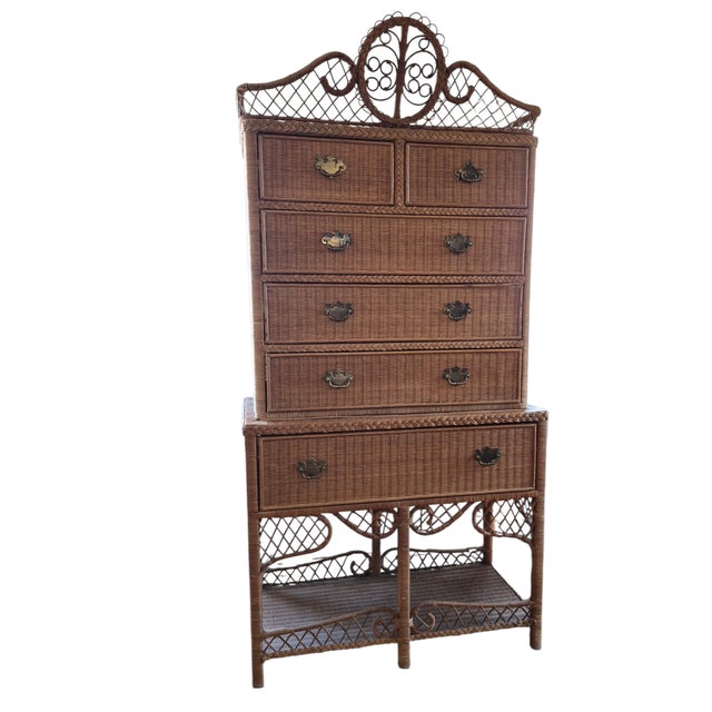 Ralph Lauren Safari Wicker Two Part Highboy. With six-drawers. By Ralph Lauren, "Safari Collection" USA, Circa Late 20th...
