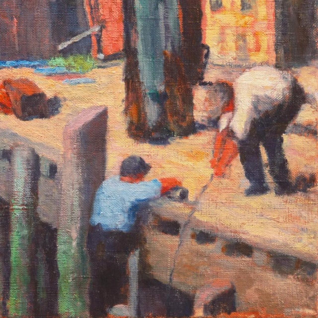 An unsigned, early twentieth century oil showing a view of an old wooden wharf with longshoremen working. A well-composed...
