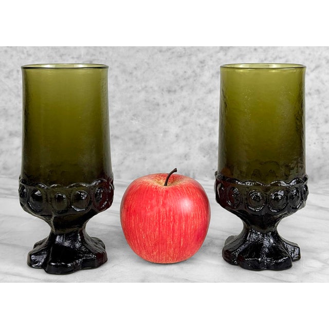 A Pair of Gothic Olive Green Glass Goblets, c. Mid 20th Century - Pairs Nicely with Many Traditional & Eclectic Interiors...