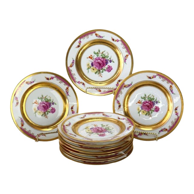 1920s Austrian Rosenthal “Kings Rose” Gilt & Floral Painted Porcelian Plates, Peonies For Sale