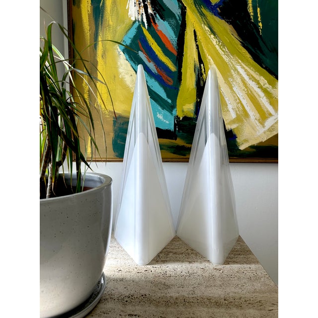 Unique vintage triangular acrylic pair of tall lamps in excellent condition. Rotary cord switch makes for easy on/off....