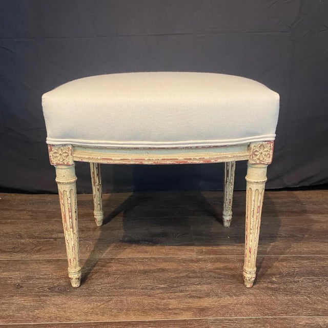 Cream French Louis XV Painted Wood Ottomans With New Upholstery -a Pair For Sale - Image 8 of 11