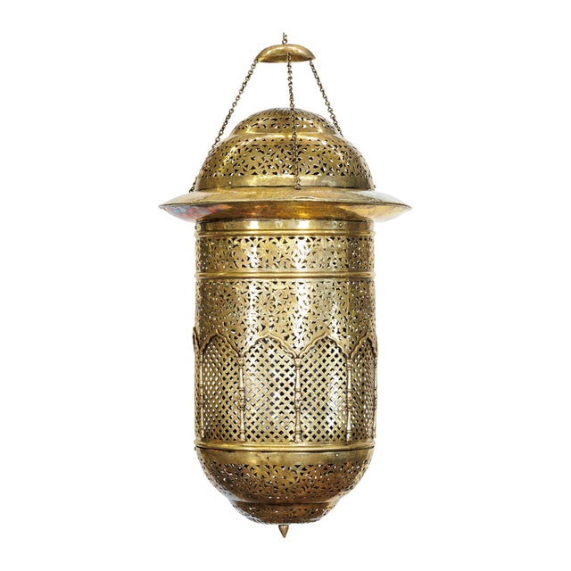Vintage Indian Brass Hanging Lantern with Pierced Floral and Lattice Motifs For Sale - Image 14 of 18