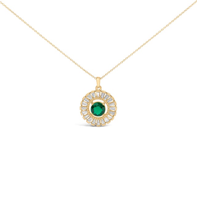 2020s 14K Yellow Gold Plated Silver Lab Grown Emerald and Diamond Sunburst Medallion Pendant Necklace For Sale - Image 5 of 5