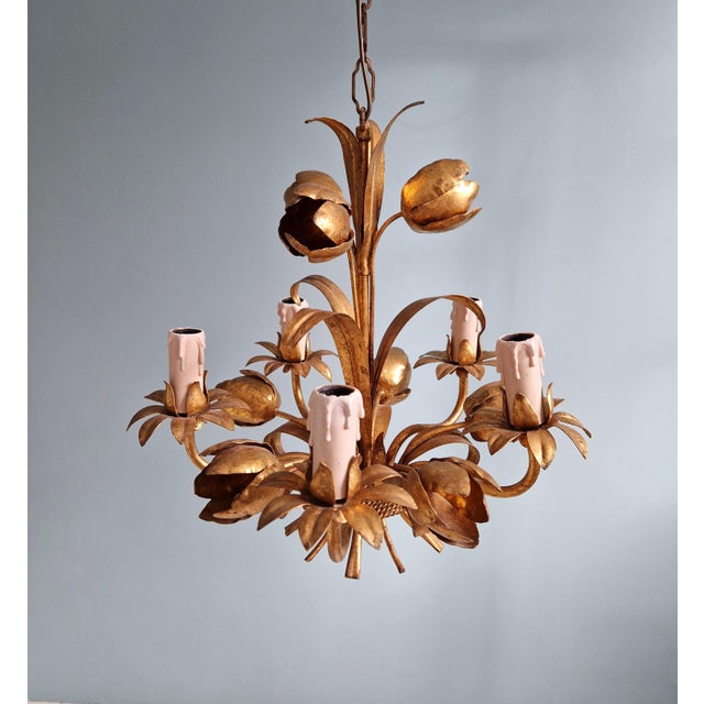 Gold Italian Hollywood Regency Style Floral Chandelier in Gold Metal, 1970s For Sale - Image 8 of 12