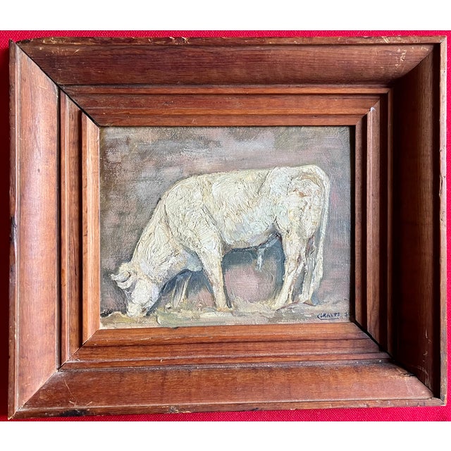 American American Folk Art Oil Painting of a White Cow or Bull Signed Graves and Dated 1931 For Sale - Image 3 of 8