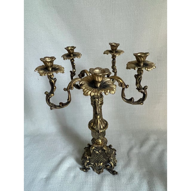 Early 20th Century Pair of Antique Ornate French Rococo 5-Arm Brass Candelabras For Sale - Image 5 of 12