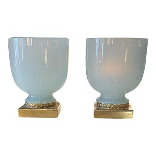 Pair of 19th Century Neoclassical Style White Opaline Glass Urns With Brass Bases For Sale