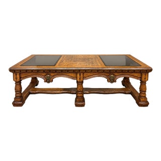 Vintage Mediterranean Revival Parquet-Pattern Wood and Smoked Glass Coffee Table For Sale