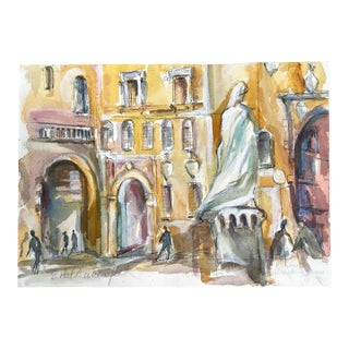 1970’s Original Abstract Dante Square Verona Italy Cityscape Watercolor Painting For Sale
