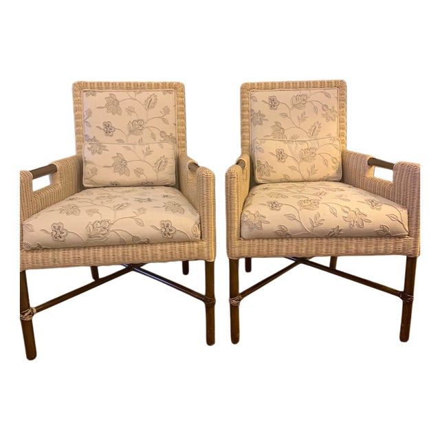 McGuire Woven Bamboo Rattan and Hardwood Armchairs (Pair) For Sale