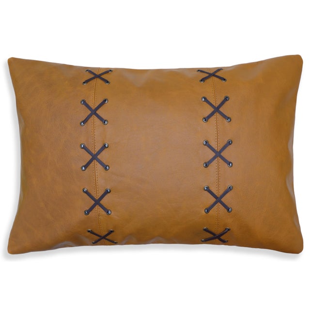 Luxury Camel Leather Lace Throw Pillow 16x24 | Handmade Designer Lumbar Cushion With Cross-Laced Detail For Sale - Image 4 of 10