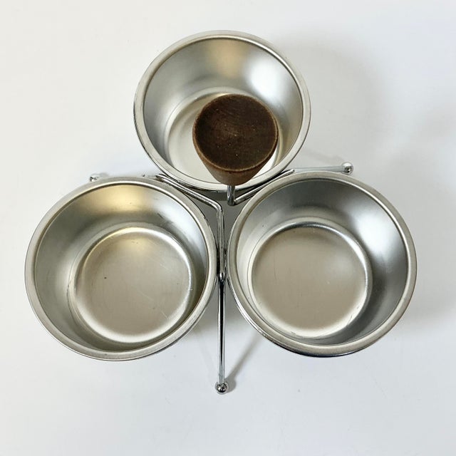 Mid-Century Boho Chic Metal Condiment or Salad Dressing Serving Dishes With Caddy, 3 Wells. For Sale - Image 4 of 8