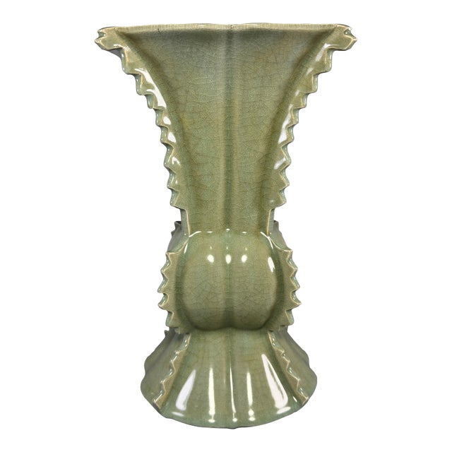 Antique Chinese Celadon Porcelain Archaic Gu‑Shape Vase For Sale