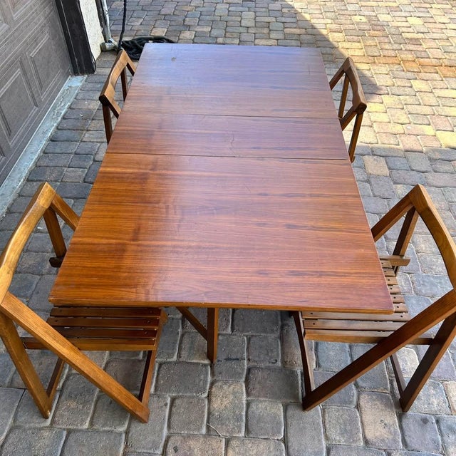 Vintage Mid-Century Modern Space Saver Minimalist Hide Away Dropleaf Table W/ 4 Hidden Folding Chairs, Romania, C. 1960's For Sale - Image 9 of 10