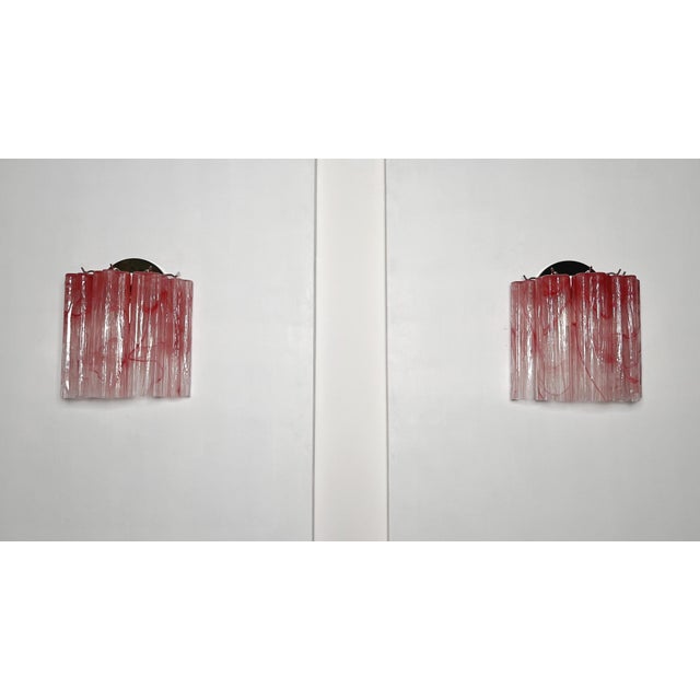 Mid-Century Modern Vintage Murano Glass Tube Wall Sconces with 5 Pink Alabaster Glass Tube, 1990, Set of 2 For Sale - Image 3 of 18