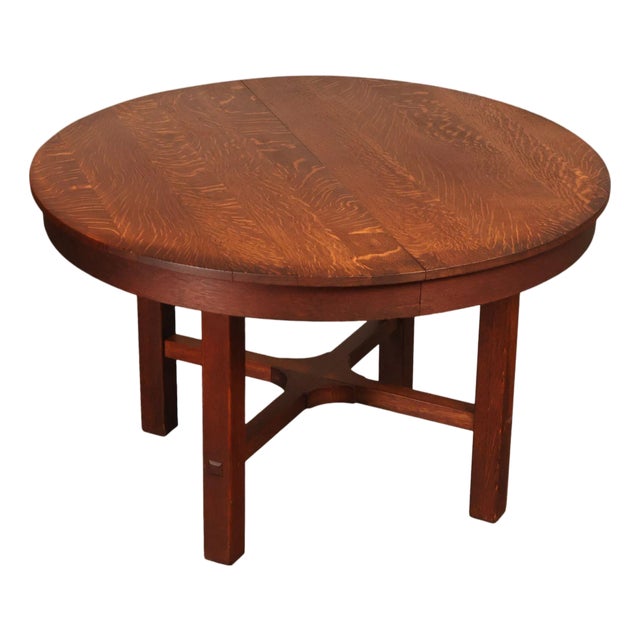 Antique L&JG Stickley Round Extendable Mission Oak Dining Table For Sale