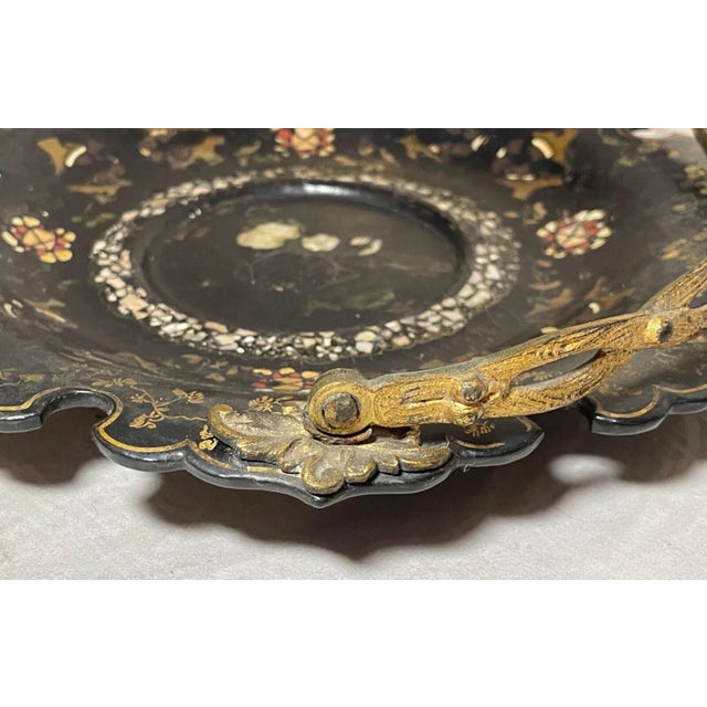 19th Century Antique 1800's Inlaid Mother of Pearl Bronze Paper Mache French Centerpiece Dish For Sale - Image 5 of 13