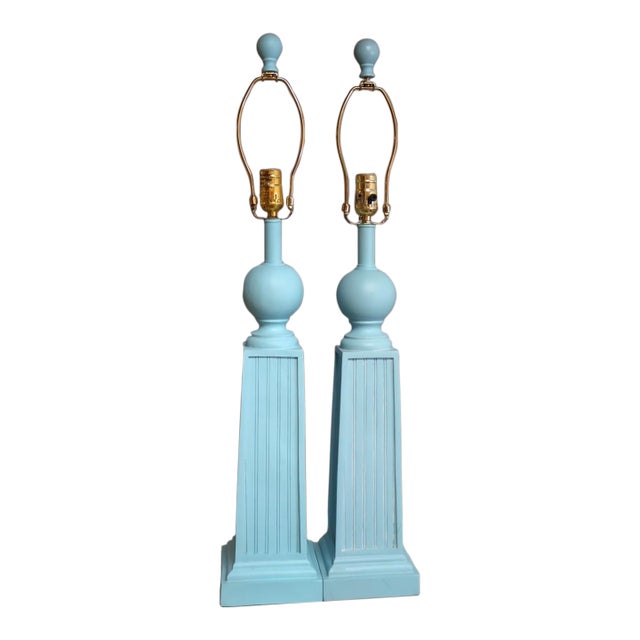 1980s Coastal Regency Aqua Fluted Obelisk Table Lamps - a Pair For Sale