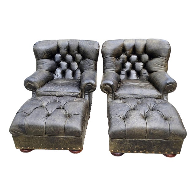 Vintage Henredon for Ralph Lauren English Chesterfield Leather Chair & Ottoman a Pair For Sale