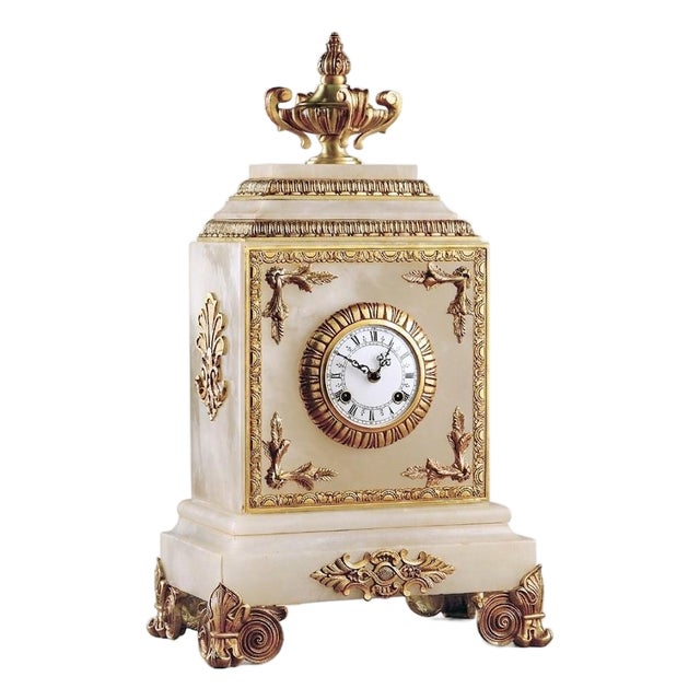 European White Alabaster Mantel Clock With 24k Gold Ormolu & Bim Bam Chime For Sale